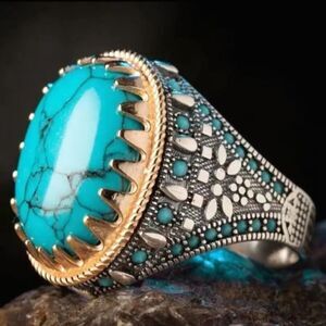 Vintage Unisex Electroplated Two-tone Inlaid Turquoise Ring